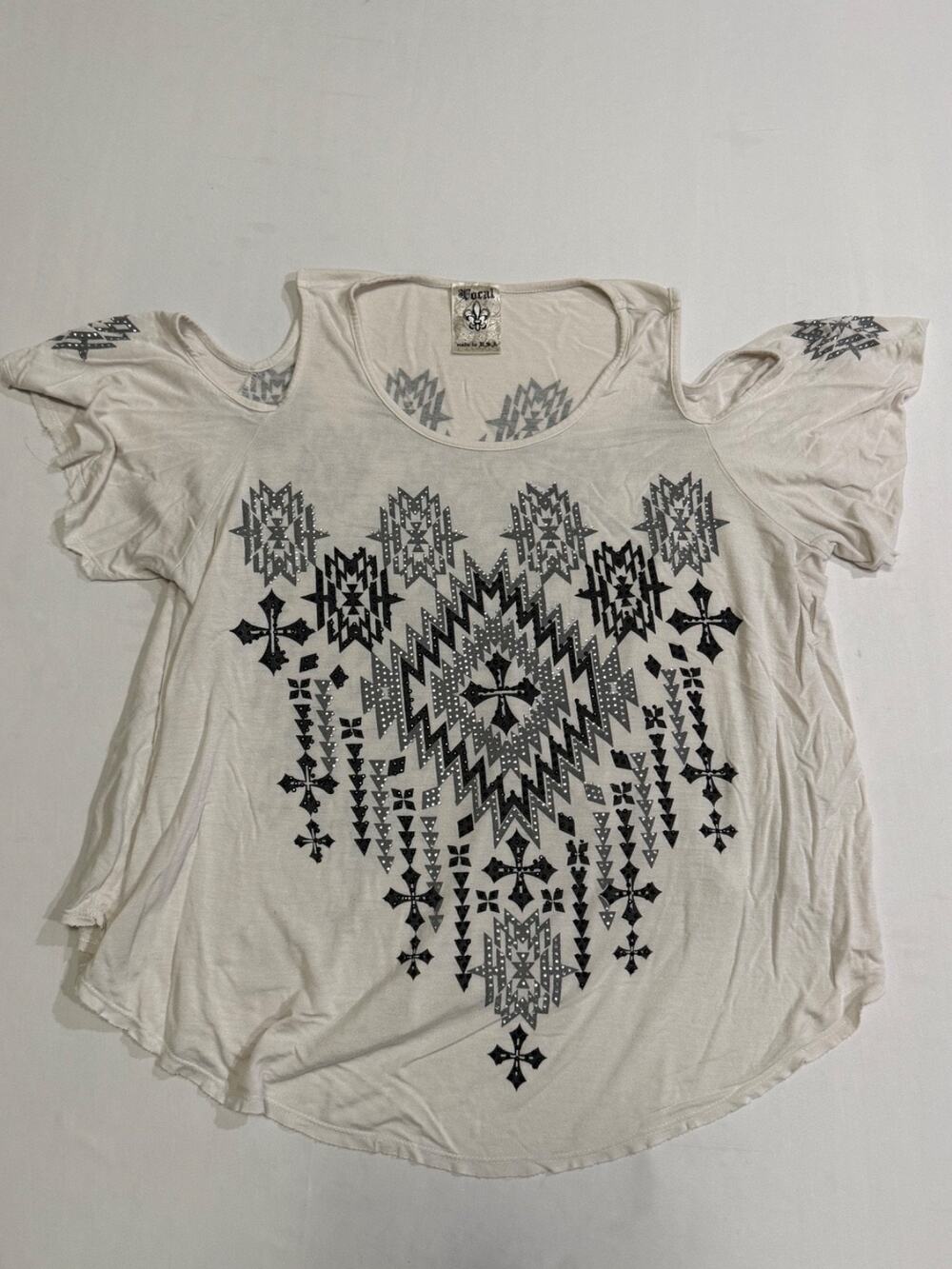 Vocal Women’s Top Small Cream Rhinestone Aztec Y2K Cold Shoulder Made USA Tunic